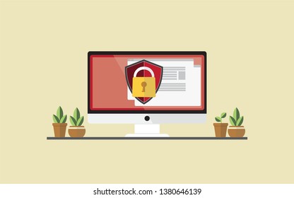 Lock on computer workstation screen. Monitor and padlock. Security, safety, protection concept. Safe internetwork.