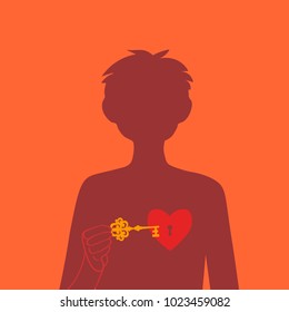 A lock on the heart. The guy closes or opens his heart. Silhouettes of the boy. Broken heart. Unrequited love. Emotional condition.