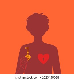 A lock on the heart. The guy closes or opens his heart. Silhouettes of the boy. Broken heart. Unrequited love. Emotional condition.