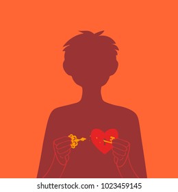 A lock on the heart. The guy closes or opens his heart. Silhouettes of the boy. Broken heart. Unrequited love. Emotional condition.