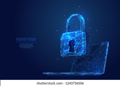 Lock on laptop screen. Low poly wireframe vector illustration. Digital data protect or secure concept. Starry sky consisting of points, lines and shapes on dark background. Polygonal notebook and lock