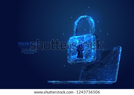 Lock on laptop screen. Low poly wireframe vector illustration. Digital data protect or secure concept. Starry sky consisting of points, lines and shapes on dark background. Polygonal notebook and lock