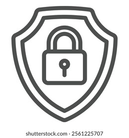 Lock on safety emblem line icon, data guard protection concept. Vector graphics. Shield with lock sign on white background, outline style icon for mobile or web design