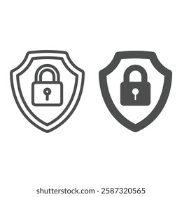 Lock on safety emblem line and solid icon, data guard protection concept. Vector graphics. Shield with lock sign on white background, outline style icon for mobile or web design