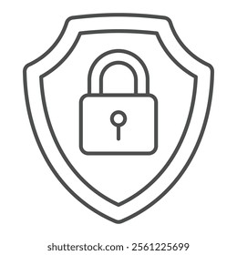 Lock on safety emblem thin line icon, data guard protection concept. Vector graphics. Shield with lock sign on white background, outline style icon for mobile or web design
