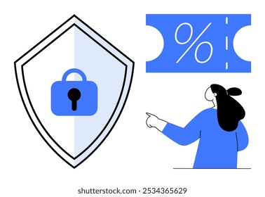 Lock on shield symbolizing security, woman pointing at percentage discount ticket. Ideal for online shopping security, discount deals, ecommerce, cyber safety, technology promotions. Simplistic