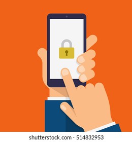 Lock on smartphone screen. Hand holds the smartphone and finger touches screen. Modern Flat design illustration.