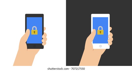 Lock on smartphone screen. Hand holds the smartphone. Modern Flat design illustration.