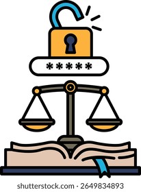 A lock is on top of a scale, which is on top of an open book. The lock and scale represent the idea of security and justice. The open book symbolizes the truth