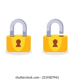 Lock open and lock closed, Game icon golden metal closed lock of different shapes. flat style vector illustration