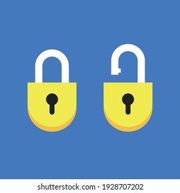 Lock open and closed. Icons isolated on blue background. Yellow padlocks. Vector.