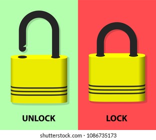 Lock open and lock closed padlock, flat vector 