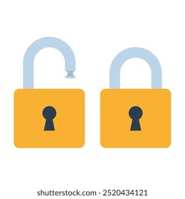 lock open and lock closed vector icons isolated on white background, yellow padlocks shapes illustration, flat cartoon design