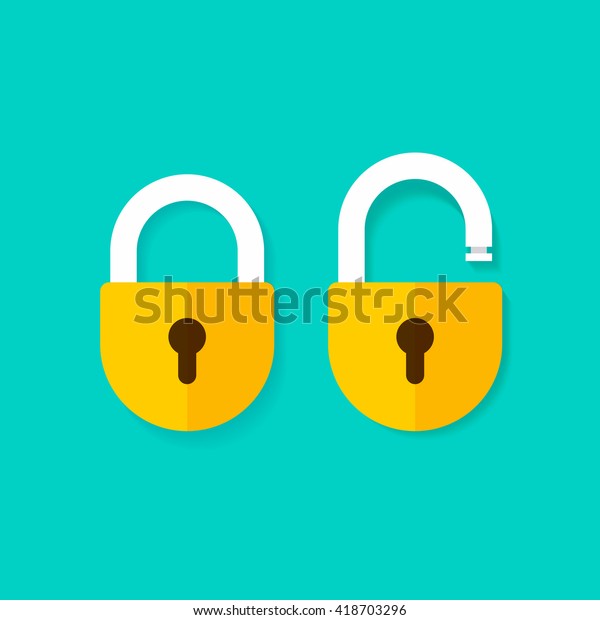 Lock open and lock closed vector icons isolated on\
blue background, yellow padlocks shapes illustration, flat cartoon\
design