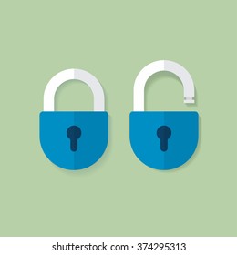 Lock open icon, lock closed vector icon, padlock set, concept of blocking symbol, security, secret, flat simple emblem modern design isolated