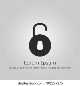 Lock open icon, on grey background, dark outline, example text