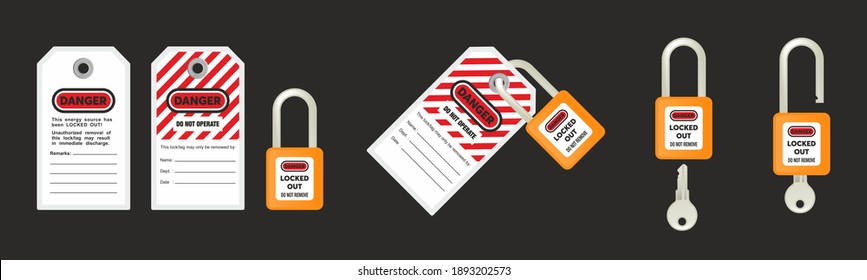 Lock out, tag out with a danger tag vector illustration. Danger and do not operate warning. Machine and electrical system and safety equipment. Isolated on black background.