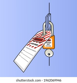 Lock out, tag out with a danger tag vector clipart illustration. Danger and do not operate warning. Machine and electrical system and safety equipment. Isolated on blue background.