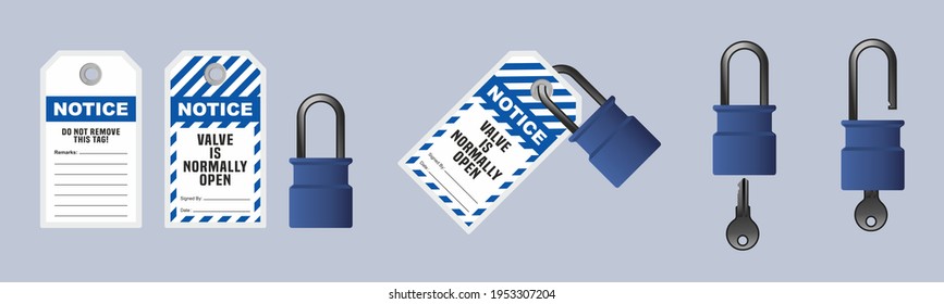 Lock out, tag out with a notice tag vector illustration. Notice and valve is normally open warning tag. Machine and plumbing system and safety equipment. Isolated on blue background.