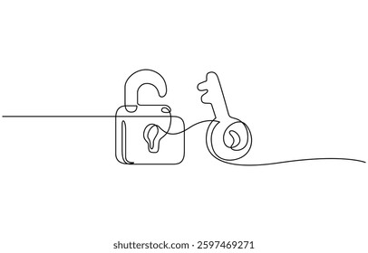 Lock Pad Metaphor for problem solving, solutions, and business accessibility, Safety lock with key icon image. Success, solution, opportunity and safety concept. One line draw graphic design vector.