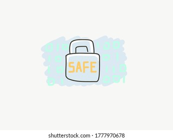Lock or padlock and the safe word in front of binary codes cyber security concept. The secured data with the guard software or mechanism in the metaphor of the lock. Safe cooperation operation