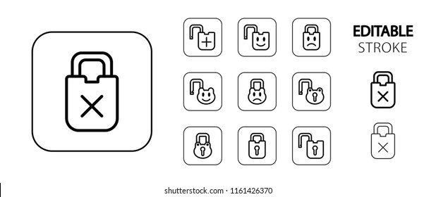 Lock, padlock, unlock icon set. Simple outline web icons. Editable stroke. Vector illustration. 