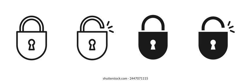 Conjunto de iconos de Vector de candado o bloqueo. Señal de protección de seguridad. Símbolo confidencial de la Contraseña de seguridad. Ilustración aislada de acceso o permiso de privacidad. Línea, contorno, Botones de Web negro rellenos.