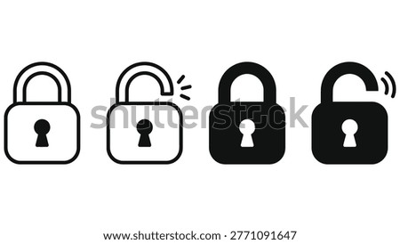 Lock or padlock vector icon set. Security protection keyhole indicator. Safety password confidential symbol. Privacy access or permission isolated graphic. Line, outline, filled black web buttons.