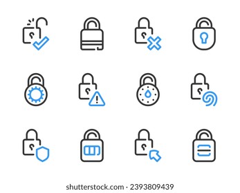 Lock and Padlock vector line icons. Login and Access outline icon set. Unlock, Open, Safeguard, Password, Protection and more.