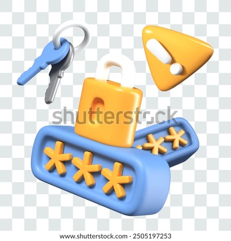 Lock with password, field for entering characters, keys, attention sign