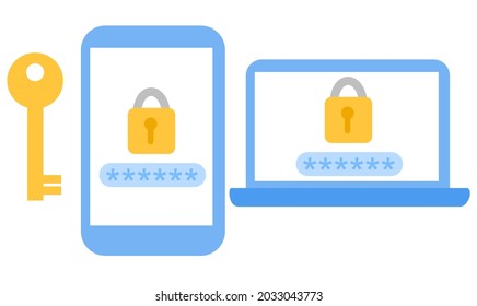 Lock and password.Phone, laptop and key.Data security access.Login and logout.Concept of setting up protection.Sign, symbol, icon or logo isolated.Cartoon vector illustration.Flat design.