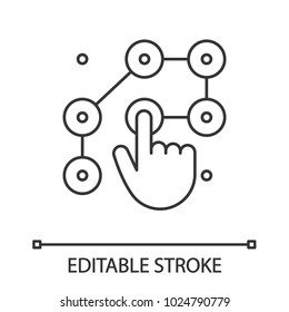 Lock pattern linear icon. Thin line illustration. Hand entering smartphone password. Contour symbol. Vector isolated outline drawing. Editable stroke
