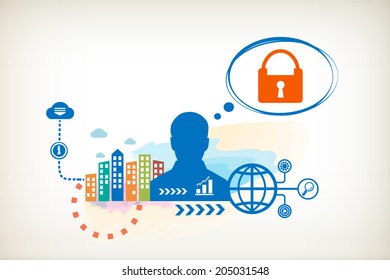 Lock and person with bubbles for dialogue. Think and decide.
