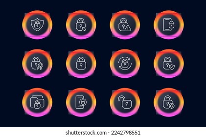 Lock for personal data icon set. Phone password, phone, unlock, database protection, sync. Privacy concept. Pastel color background. Vector line icon for business