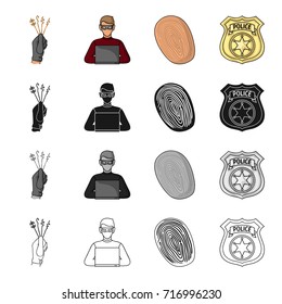 Lock picks in hand, criminal hacker, fingerprint, police badge. Crime set collection icons in cartoon black monochrome outline style vector symbol stock illustration web.