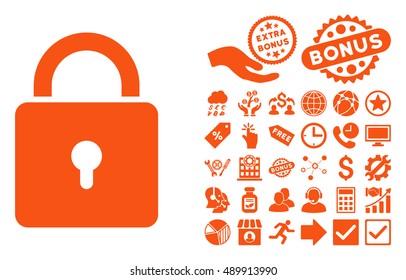 Lock pictograph with bonus icon set. Vector illustration style is flat iconic symbols, orange color, white background.