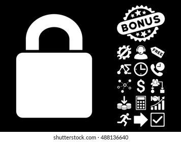 Lock pictograph with bonus images. Vector illustration style is flat iconic symbols, white color, black background.
