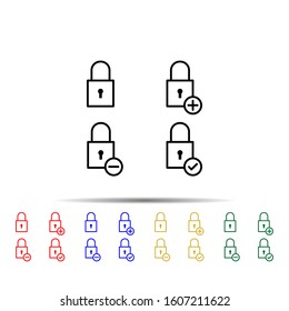 lock, plus, check, minus sign multi color style icon. Simple thin line, outline vector of web icons for ui and ux, website or mobile application