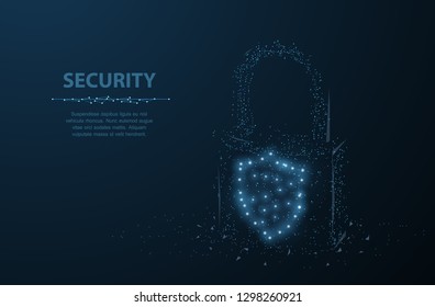 Lock. Polygonal wireframe mesh looks like constellation on dark blue night sky with dots and stars. Security, safe, privacy or other concept illustration or background