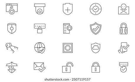 Sperren und Schützen der Zeilensymbolsammlung. Vorhängeschloss, Datenschutz, Schild, Sicherheit, Cyber-Sicherheit, Passwort, Schloss und entsperren Symbolsatz. UI-Gliederungssymbolpaket