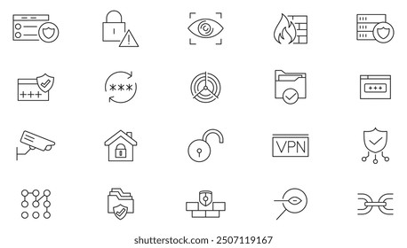 Bloquee y proteja la colección del ícono de línea. Candado, protección de datos, escudo, seguridad, seguridad cibernética, Contraseña, bloqueo y desbloqueo conjunto de iconos. Paquete de iconos de esquema de interfaz de usuario