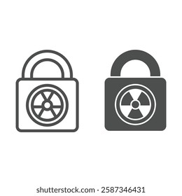 Lock with radiation seal line and solid icon, atomic energy concept. Vector graphics. Closed radioactive lock sign on white background, outline style icon for mobile or web design