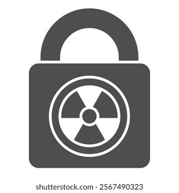 Lock with radiation seal solid icon, atomic energy concept. Vector graphics. Closed radioactive lock sign on white background, glyph style icon for mobile or web design