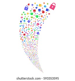 Lock random fireworks stream. Vector illustration style is flat bright multicolored iconic symbols on a white background. Object fountain constructed from scattered design elements.