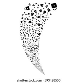 Lock random fireworks stream. Vector illustration style is flat black iconic symbols on a white background. Object fountain created from scattered symbols.