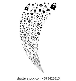 Lock random fireworks stream. Vector illustration style is flat black iconic symbols on a white background. Object fountain created from scattered design elements.