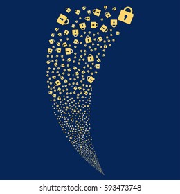Lock random fireworks stream. Vector illustration style is flat yellow iconic symbols on a blue background. Object fountain done from scattered symbols.