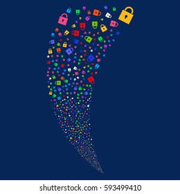 Lock random fireworks stream. Vector illustration style is flat bright multicolored iconic symbols on a blue background. Object fountain combined from scattered pictograms.