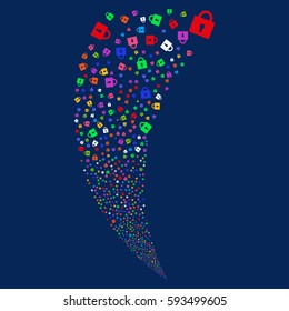 Lock random fireworks stream. Vector illustration style is flat bright multicolored iconic symbols on a blue background. Object fountain combined from scattered design elements.