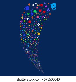 Lock random fireworks stream. Vector illustration style is flat bright multicolored iconic symbols on a blue background. Object fountain constructed from scattered pictograms.